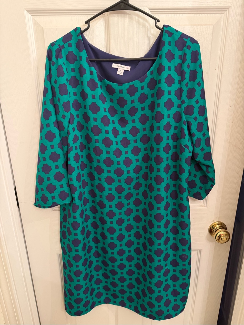 Isaac Mizrahi Live! Green and Navy Geometric Shift Dress